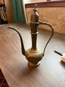 lot 27063 image: Vintage Etched Solid Brass Teapot Coffee Sarna Pitcher