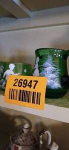 lot 26947 image: Vintage Green Glass Creamer and Sugar Set in the Mary Gregory Style