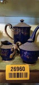 lot 26960 image: Vintage Blue and Gold Teapot with Matching Creamer and Sugar Dish