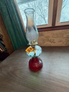 lot 27094 image: Vintage Ruby Red Glass Oil Lamp with a Clear Glass Shade