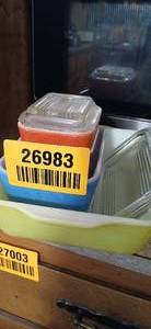 lot 26983 image: Set of Colored Casserole Dishes with Glass Lids