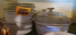 lot 26984 image: Set of White Glass Casserole Dishes with Lids