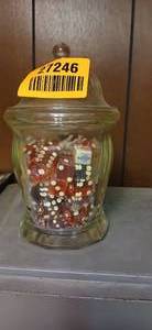 lot 27246 image: Covered Glass Candy Jar Filled with Game Dice