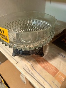 lot 27161 image: Vintage Press Glass Bowl with a Diamond Point Pattern Made by India Glass with Silver Plated Bowl Stand