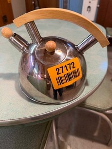 lot 27172 image: 2 Quart Metal Tea Kettle with Wood Accents