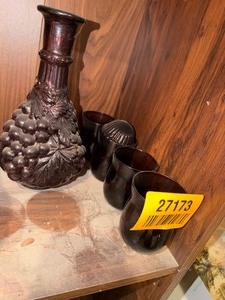lot 27173 image: Dark Colored Glass Vase with Matching Drinking Cups