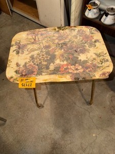 lot 27175 image: Vintage Rolling TV Tray with Floral Patterned Top