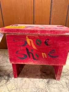lot 27189 image: Red Painted Wood Shoe Shine Box with Shoe Shining Products on the Inside