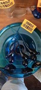 lot 26853 image: Vintage MCM Viking Glass Blue Bluenique Long Tail Bird Figures with A Matching Blue Serving Dish