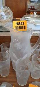 lot 26862 image: Vintage Hand-blown Crystal Pitcher with Etched Iris Design and Six Matching Glasses