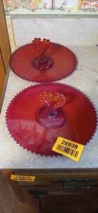 lot 26938 image: Set of Two Imperial Glass Candlewick Ruby Red Pastry or Tidbit Tray with Heart Shaped Handle