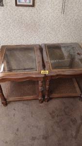 lot 27001 image: Set of Two Matching Wood and Glass Coffee Tables