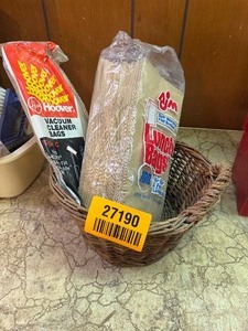 lot 27190 image: Wood Woven Basket with Brown Paper Sacks and Vacuum Bags