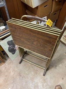 lot 27297 image: Set of Four Vintage Metal and Wood TV Trays with Storage Rack