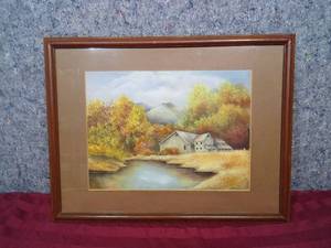 lot 178 image: Farm Scene Painting in Wood Frame  - 13 H  x 17 W