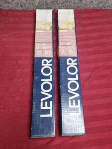 lot 411 image: Qty2, new in box, Levolor 1-inch White Aluminum Mini Blinds. 23in W x 72in L.  Item # 0170059.  Can be trimmed to 17 W