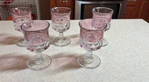 lot 103 image: Vintage Tiffin Franciscan Kings Crown Thumbprint Cranberry Flash Glass Water Goblets - set of 5 - some fade in the cranberry flash on some (need cleaned)