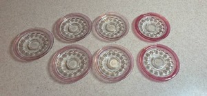 lot 105 image: Vintage Tiffin Franciscan Kings Crown Thumpbrint Cranberry Flash Saucers - set of 7 (5 of them have some fade in the cranberry flash)