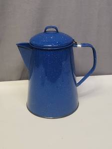 lot 122 image: Blue Speckled Enamelware Coffee Pot - perfect for coffee while camping  Good condition