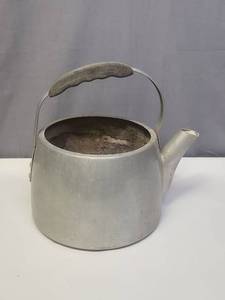 lot 124 image: Vintage Aluminum Tea Kettle, no lid - looks like it may have previously been used as a planter.