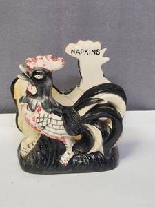 lot 131 image: Vintage Black and White Ceramic Rooster Napkin Holder - was previously broken and repaired