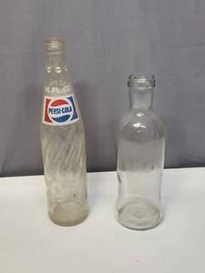 lot 140 image: 1970s Pepsi-Cola 16 FL OZ Glass Bottle and a vintage jar