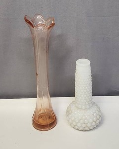 lot 141 image: Vintage Bud Vases - Pink Depression Glass Swung Bud Vase (needs cleaned inside) and White Milk Glass Hobnail bud vase