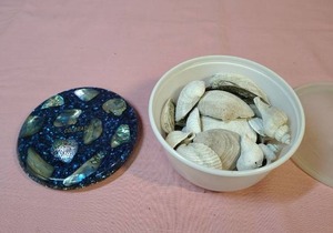 lot 152 image: Colorado Seashell Trivet and a small tub of sea shells