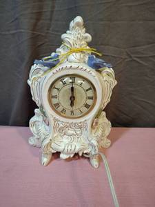 lot 159 image: Vintage Ornate French Provincial White Ceramic Mantel Clock with Blue Birds - tested, does not work