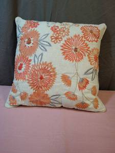 lot 164 image: Coral Floral Embroidered Decorative Pillow 16x16