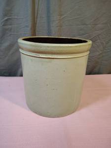 lot 167 image: Vintage Cream Stoneware Crock with Brown Interior - approx 9-10 tall, 9 diameter