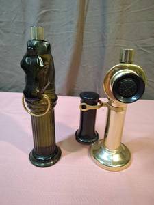 lot 175 image: Avon Pony Post Decanter and telephone decanter wild country cologne - tallest is about 7 high