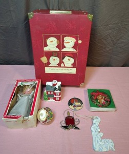 lot 187 image: Vintage Christmas Decor with a modern Christmas storage  gift box - includes angel tree topper, candle light holder house, ornaments
