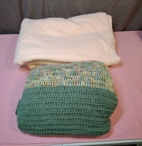 lot 189 image: Handmade Green and Multi-Color Crochet Afghan Throw (48 x 60 - good condition) and a pink full size blanket with satin edge (minor wash fuzz)