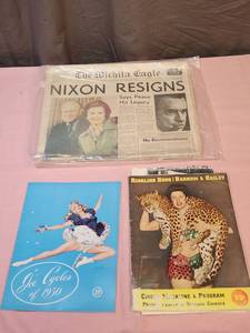 lot 217 image: Vintage ephemera - Nixon Resigns Wichita Eagle Edition (stored in wrapper), Ice Skating Brochur, and Ringling Bros Brochure