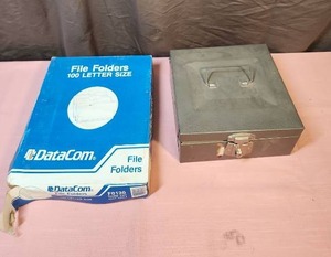 lot 218 image: Metal File Box (no key) and Full Box of Letter Size Manilla Folders