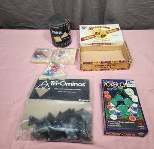 lot 228 image: Vintage 1980s Gaming Collection Bundle including small wood games and a cigar box for storage of small game pieces
