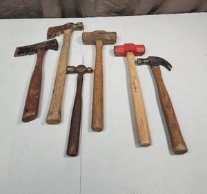 lot 479 image: Collection of Wood Handle Hammers, Mallets and Axes includes a green wire crate to store them in (see last pic)