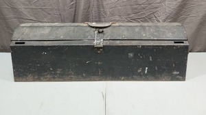 lot 482 image: Metal Carpenters Tool Box with 4 Hand Saws and some other toolshardware inside - 32 W x 8 14 D x 10 H.  Toolbox in good condition with minor patina