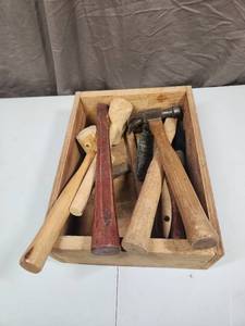 lot 484 image: Wooden Tool Box with Hammers, Hammer Handles, Mallets and Wire Brushes
