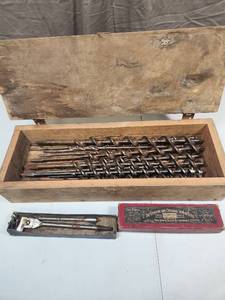 lot 490 image: Industrial Drill Bit Set in wood box, including a small box of Irwin Auger bits in original vintage box