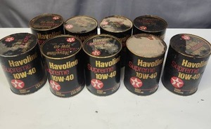 lot 612 image: Havoline Supreme 10W-40 Motor Oil Cans (one can has a very small leak in it - storing upside down to prevent leak)