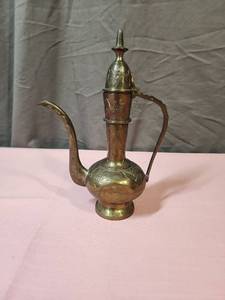 lot 171 image: Vintage Traditional Persian Aftaba Brass Water Vessel with hand engraved floralgeometric pattern - has document rolled up inside explaining purpose in India wedding and anniversary celebrations. Made in India
