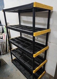 lot 3 image: 5-Tier Heavy Duty Plastic Storage Shelf Unit - 48 W x 20 D x 72 H (retail new at approx $80-$90) - does have the feet on the bottom shelf to keep off the ground