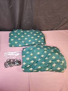 lot 190 image: French Fleur de Lis Green Fabric Material curtains -  Approx 48 W x 62 Long - 2 panels - pleated tops and insulated backing.  Includes a bag of curtain rings