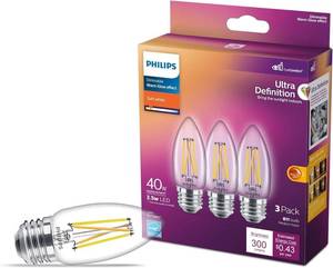 lot 2608 image: PHILIPS LED 60W BA11 E26 Base 3-Pack Ultra Definition Soft White (2700K) 500 Lumen (5W  60W) Dimmable Clear Flicker-Free Candelabra Light Bulbs