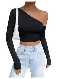 lot 2613 image: SweatyRocks Womens Long Sleeve Slimming Tops One Shoulder Asymmetrical Neck Cropped Tee Shirt Black S