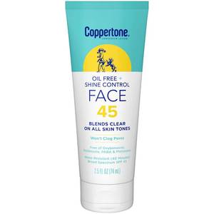 lot 2618 image: Coppertone Oil Free  Shine Control Sunscreen Face Lotion SPF 45, Lightweight Sunscreen for All Skin Tones, Wont Clog Pores, Fragrance Free, 2.5 Fl Oz Tube