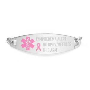 lot 2622 image: Rose Gold, Gold, or Silver Lymphedema Alert No BP IV ID Stainless Pink Ribbon Tag (Silver)