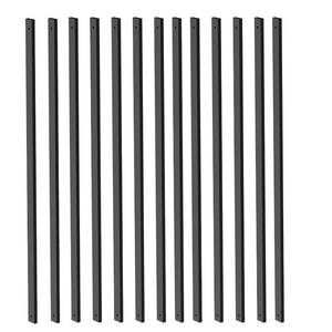 lot 2641 image: HZIU 25 Pack Deck Balusters 32 Rectangle Staircase Baluster, Black Metal Deck Spindle and Stairs Railing,Hollow Rectangle Deck Balusters for Deck Railing Porch Retail- $60